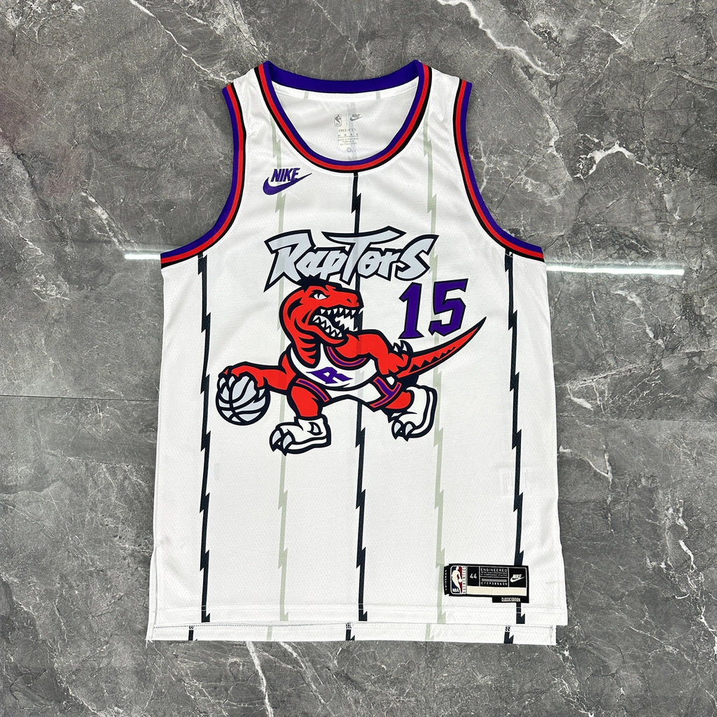 Toronto Raptors 2025-26 throwback edition basketball jersey close-up of team logo embroidery in white for basketball fans