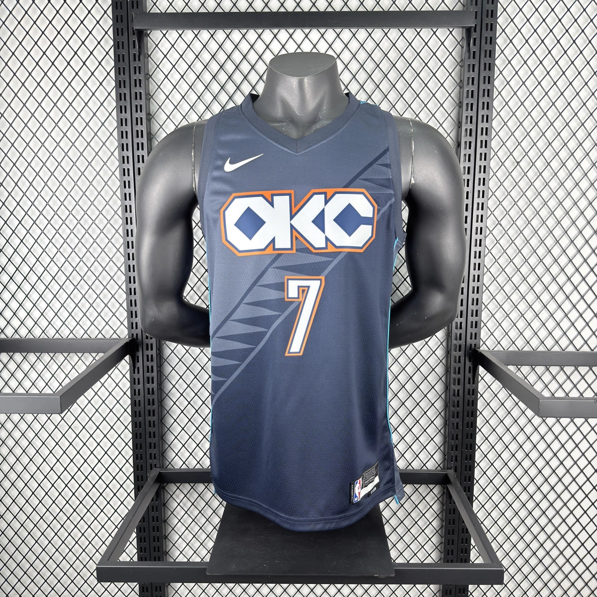 Oklahoma City Thunder 2025-26 city edition basketball jersey angled front view in team colors for basketball fans