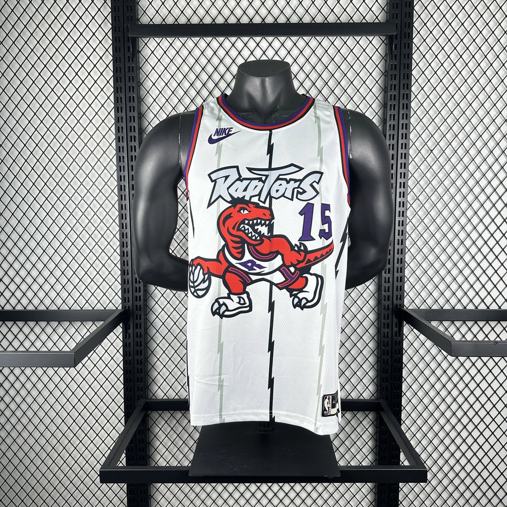 Toronto Raptors 2025-26 throwback edition basketball jersey angled front view in white for basketball fans