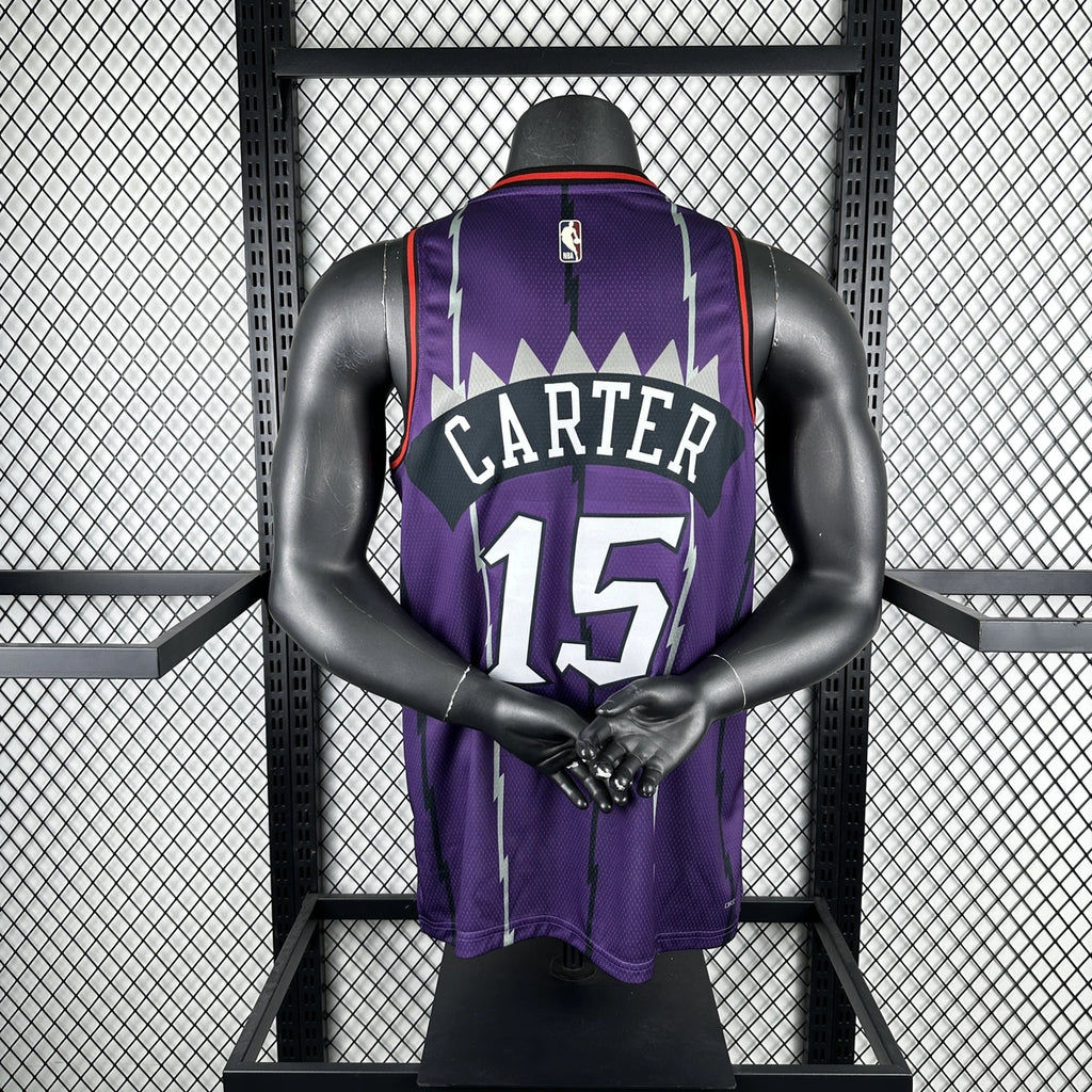 Toronto Raptors 2025-26 throwback edition basketball jersey close-up of NBA logo detail in white for basketball fans