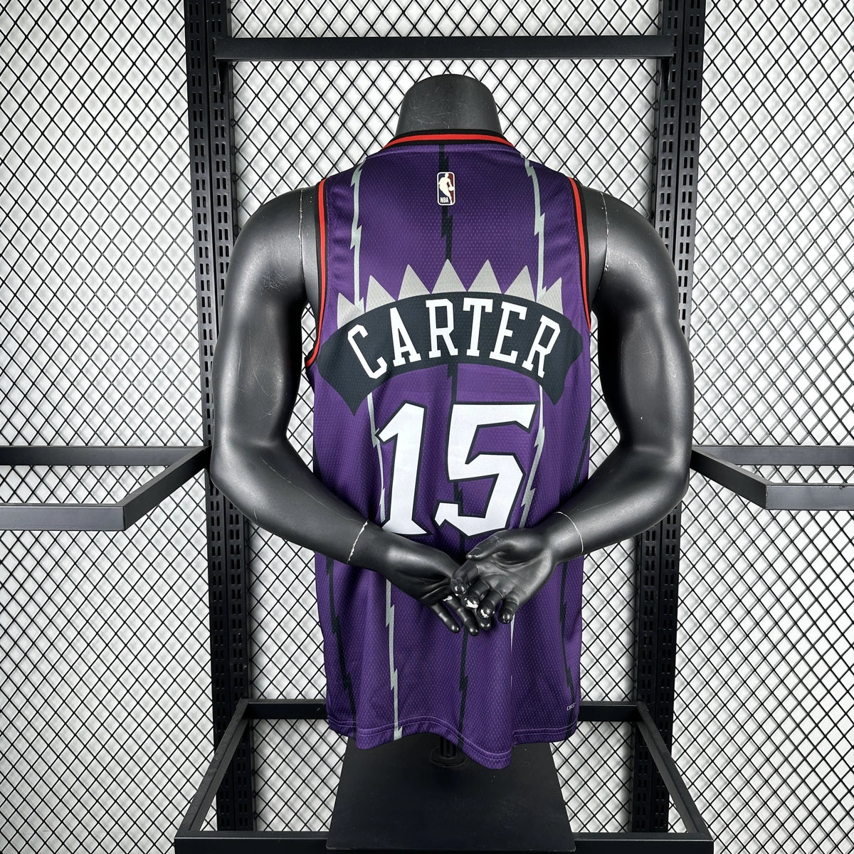 Toronto Raptors 2025-26 throwback edition basketball jersey close-up of NBA logo detail in white for basketball fans