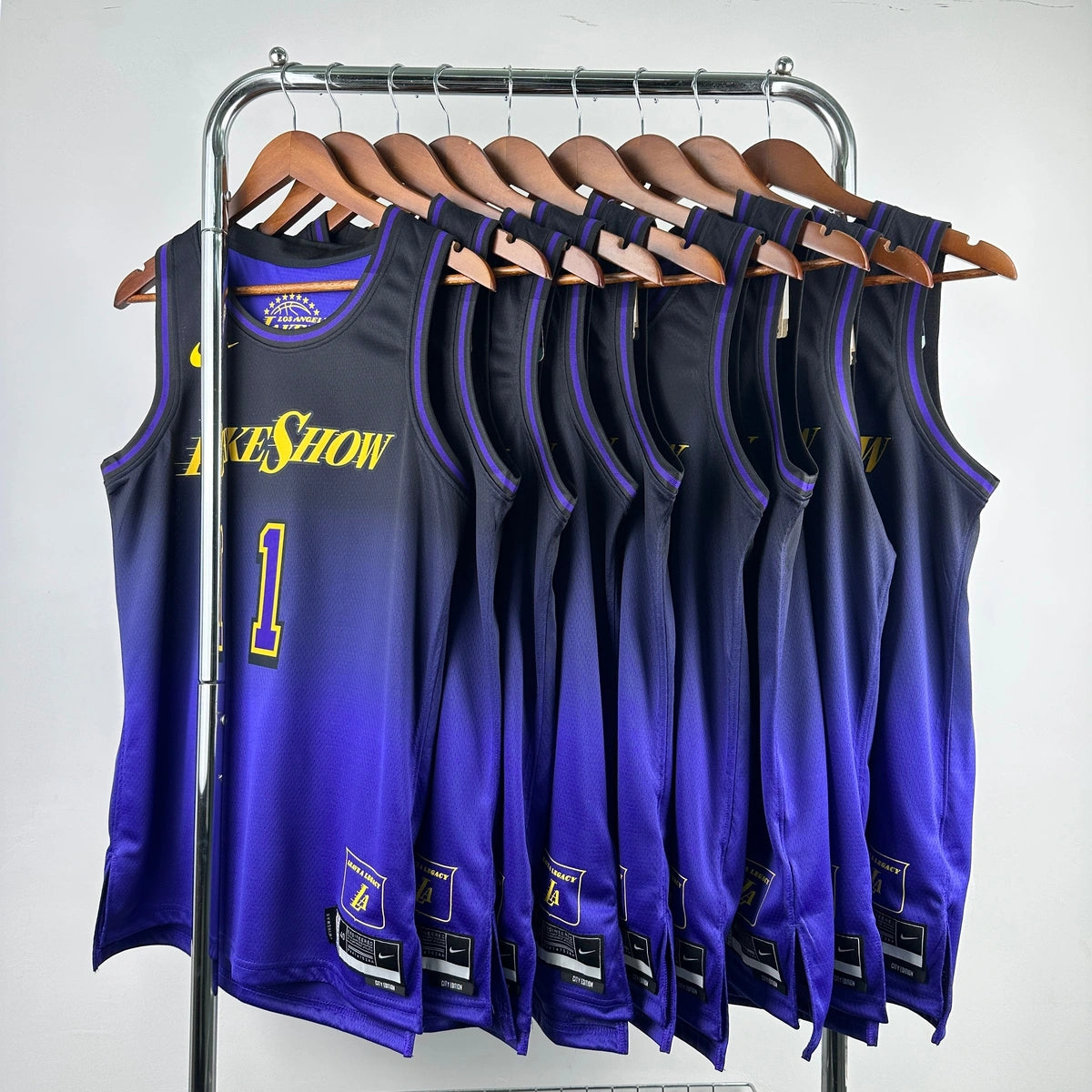 Lakers FrontFull City Jersey in Purple Hanging 002