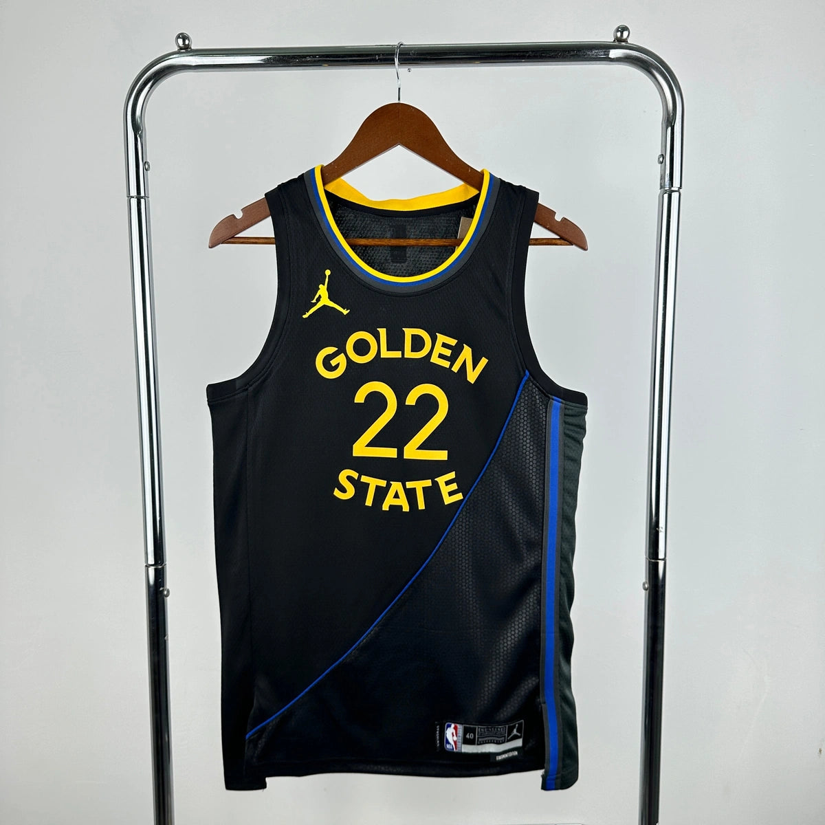 Warriors FrontFull AirJordan Jersey in Black Hanging 013