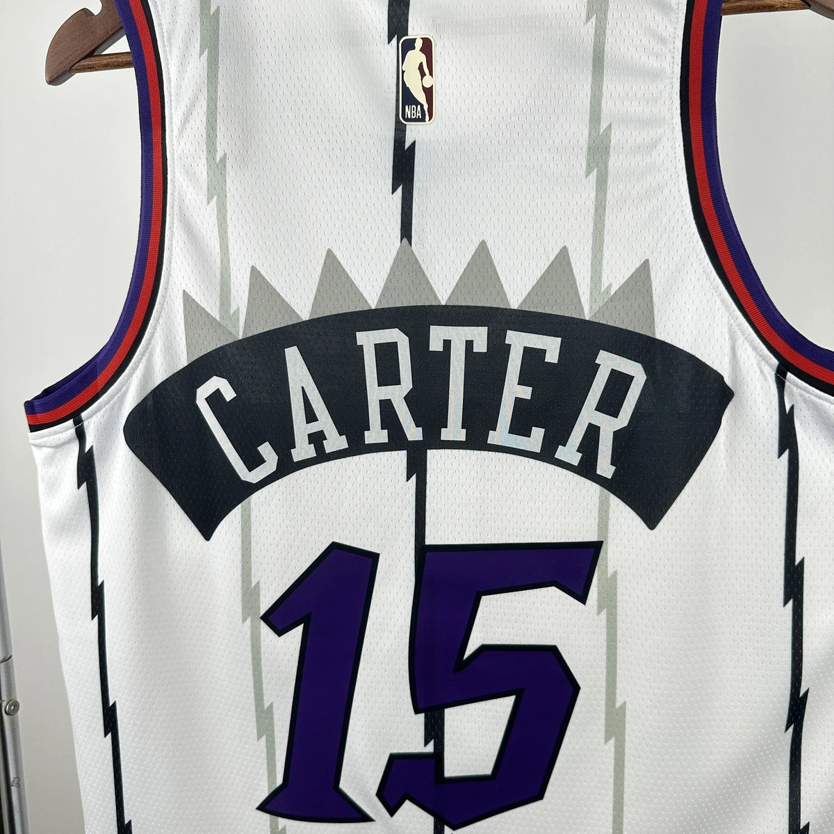 Toronto Raptors 2025-26 throwback edition basketball jersey close-up of collar and neckline stitching in white for basketball fans
