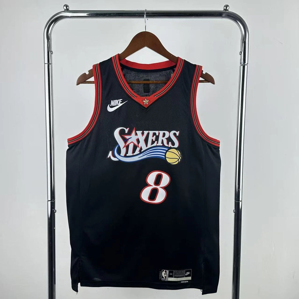 Philadelphia 76ers 2025-26 throwback edition basketball jersey front view in black for basketball fans