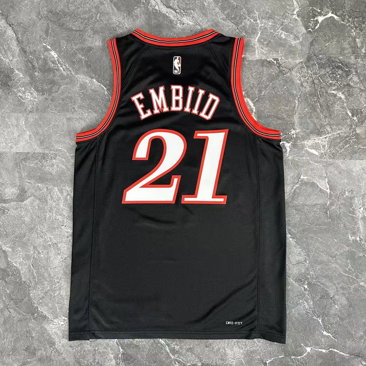 Philadelphia 76ers 2025-26 throwback edition basketball jersey angled front view in black for basketball fans