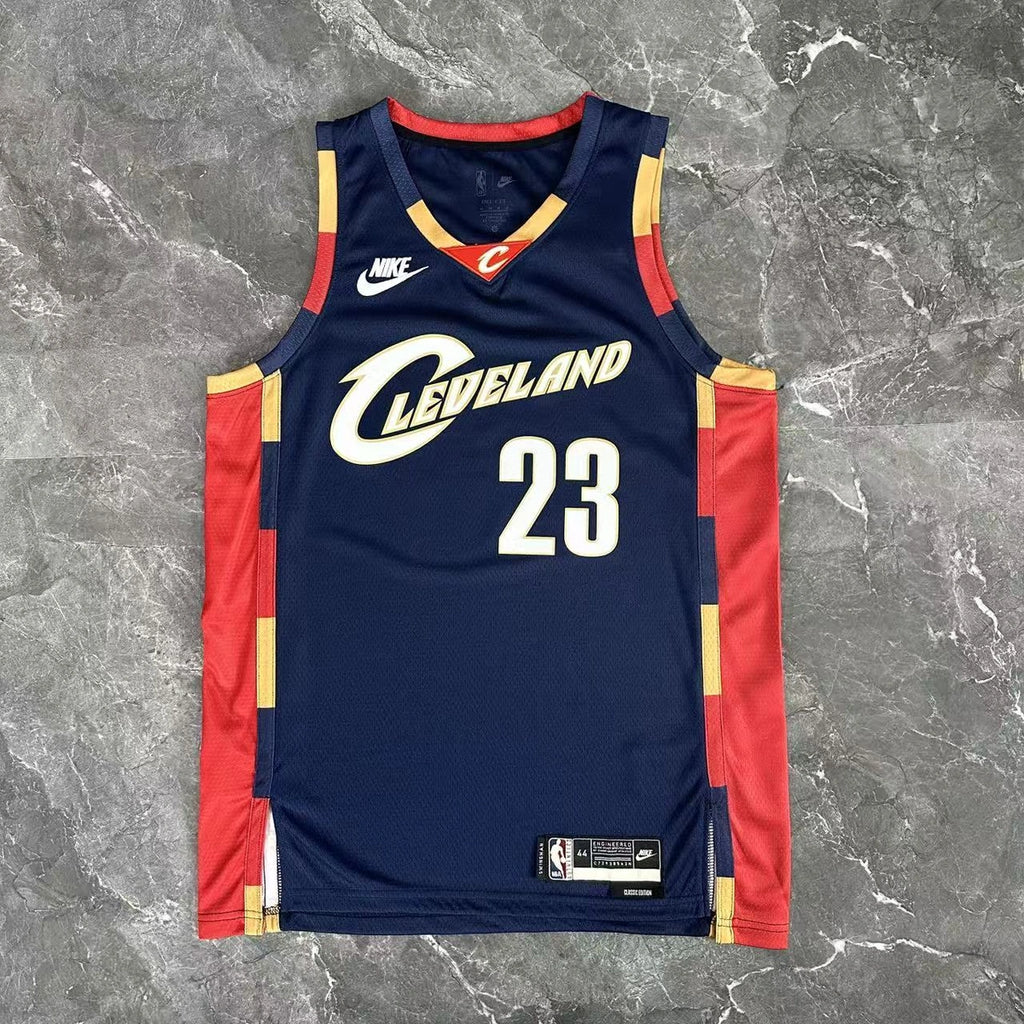 Cleveland Cavaliers 2025-26 throwback edition basketball jersey angled front view in team colors for basketball fans