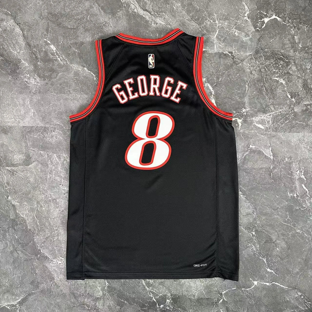 Philadelphia 76ers 2025-26 throwback edition basketball jersey angled front view in black for basketball fans