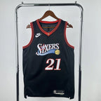 Philadelphia 76ers 2025-26 #21 Joel Embiid - 2025-26 Throwback White basketball jersey angled back view in white for basketball fans