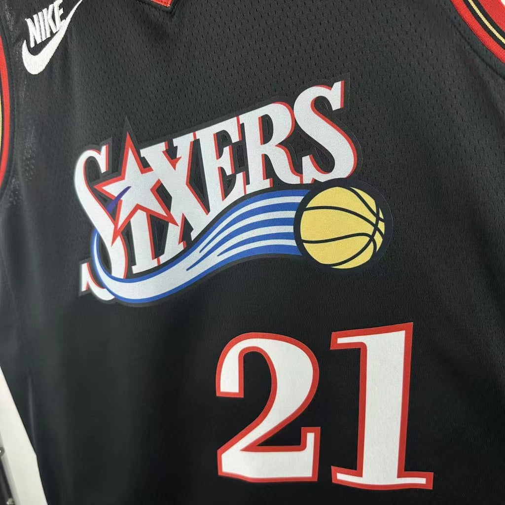 Philadelphia 76ers 2025-26 #21 Joel Embiid - 2025-26 Throwback White basketball jersey close-up of team logo embroidery in white for basketball fans