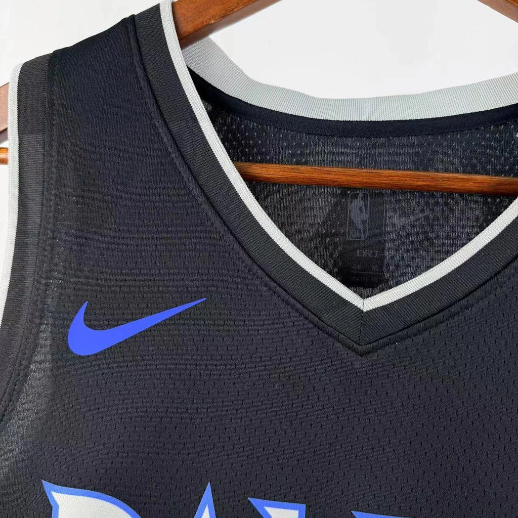 Dallas Mavericks 2025-26 city edition basketball jersey close-up of collar and neckline stitching in team colors for basketball fans