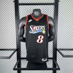 Philadelphia 76ers 2025-26 throwback edition basketball jersey close-up of jock tag and hem details in black for basketball fans