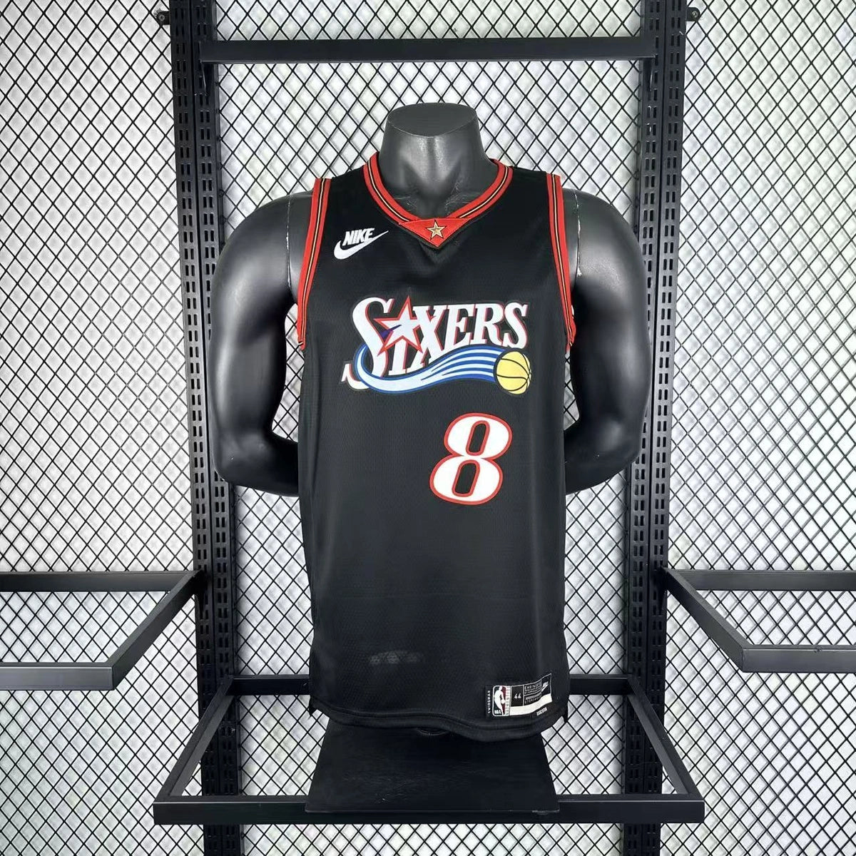 Philadelphia 76ers 2025-26 throwback edition basketball jersey close-up of jock tag and hem details in black for basketball fans
