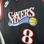 Philadelphia 76ers 2025-26 throwback edition basketball jersey close-up of jersey number and player name in black for basketball fans