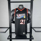 Philadelphia 76ers 2025-26 throwback edition basketball jersey close-up of jock tag and hem details in black for basketball fans