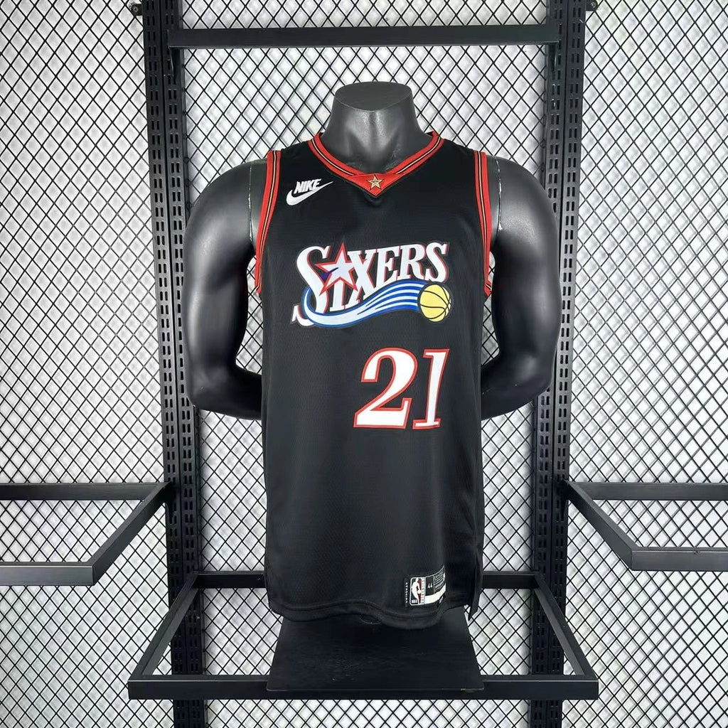 Philadelphia 76ers 2025-26 #21 Joel Embiid - 2025-26 Throwback White basketball jersey close-up of jock tag and hem details in white for basketball fans