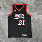 Philadelphia 76ers 2025-26 throwback edition basketball jersey close-up of moisture-wicking fabric texture in black for basketball fans