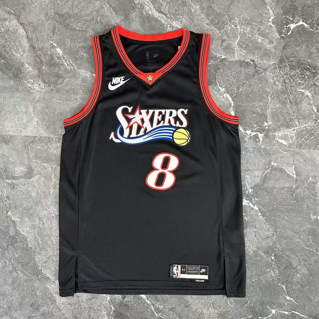 Philadelphia 76ers 2025-26 throwback edition basketball jersey front flat lay view in black for basketball fans