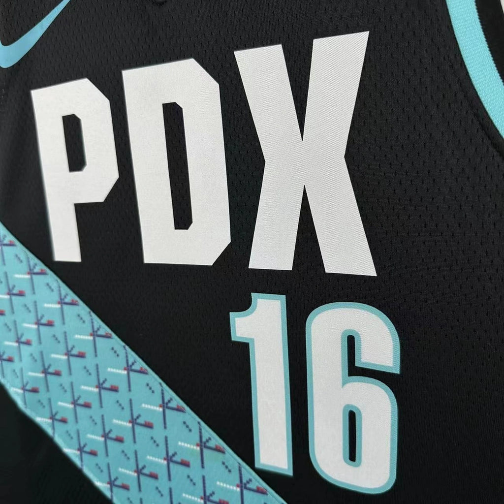 Portland Trail Blazers 2025-26 city edition basketball jersey close-up of moisture-wicking fabric texture in team colors for basketball fans