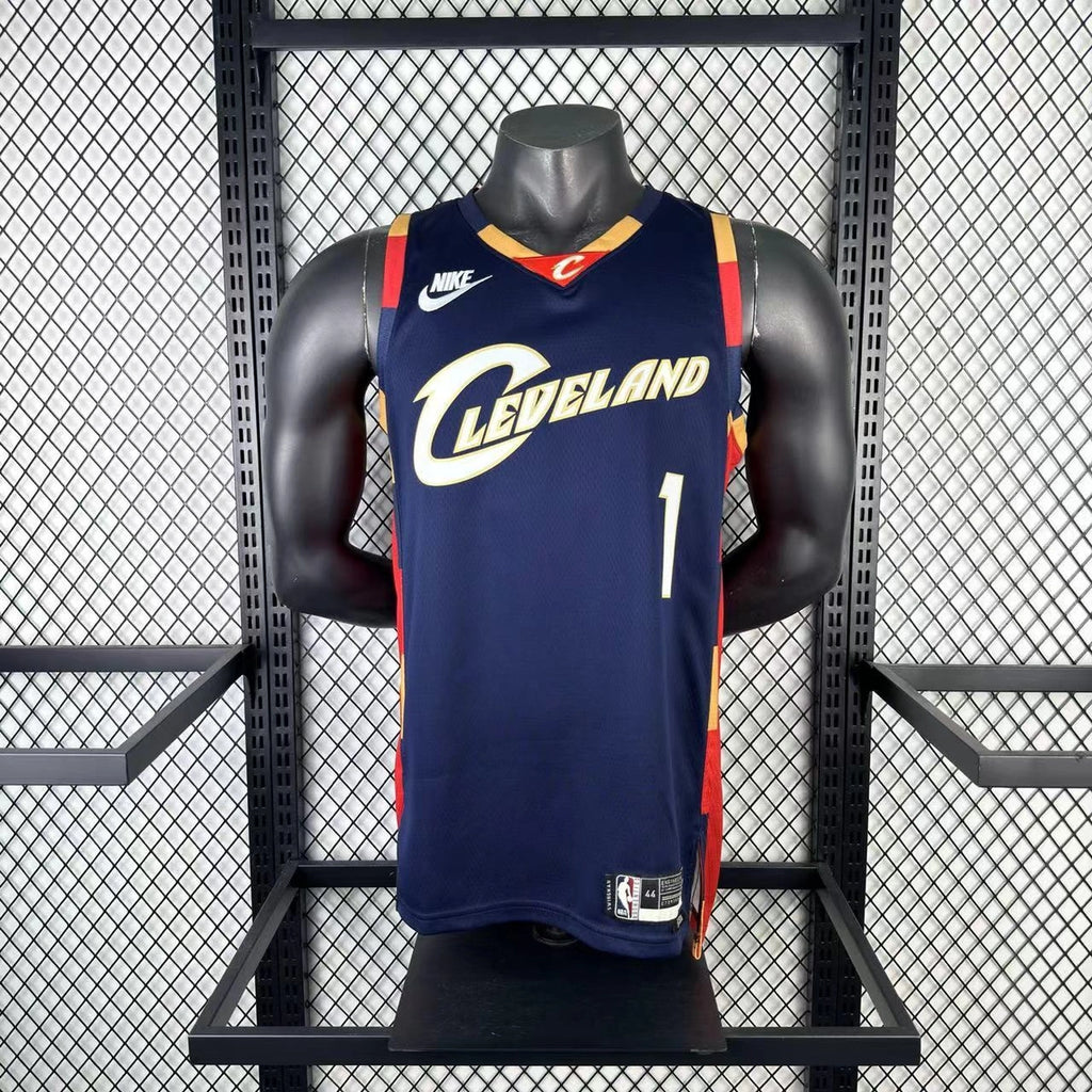 Cleveland Cavaliers 2025-26 throwback edition basketball jersey close-up of team logo embroidery in team colors for basketball fans