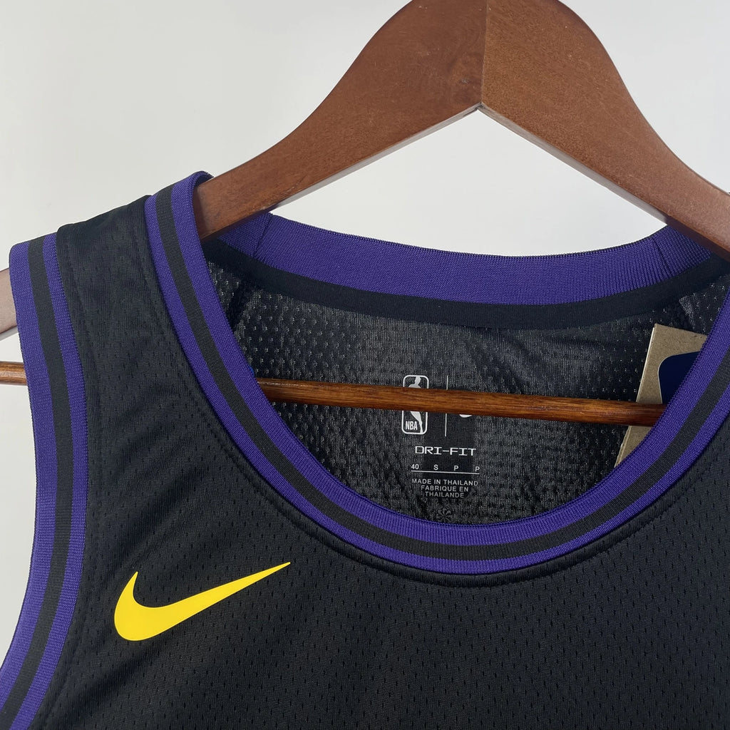 Los Angeles Lakers 2025-26 city edition basketball jersey close-up of moisture-wicking fabric texture in team colors for basketball fans