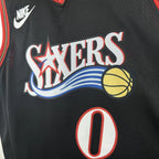 Philadelphia 76ers 2025-26 throwback edition basketball jersey close-up of jock tag and hem details in white for basketball fans