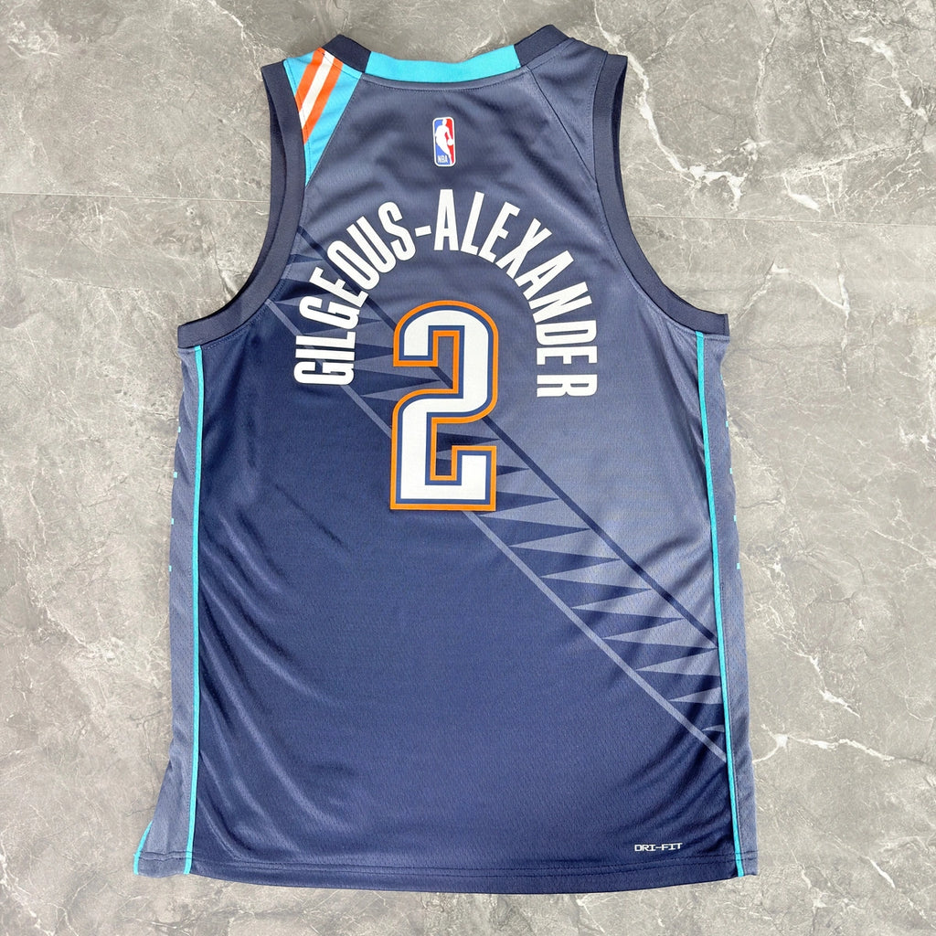 Oklahoma City Thunder 2025-26 city edition basketball jersey close-up of team logo embroidery in team colors for basketball fans