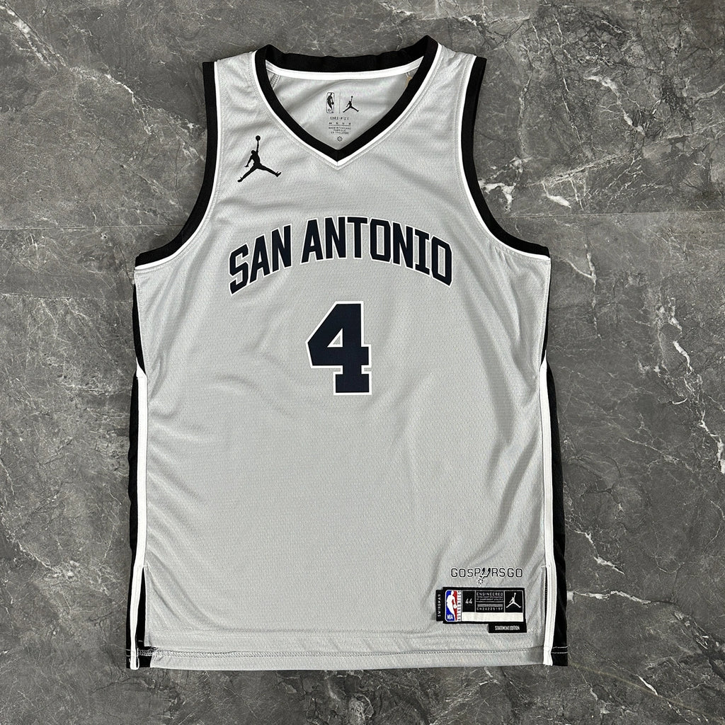 San Antonio Spurs 2025-26 limited edition basketball jersey angled back view in gray for basketball fans