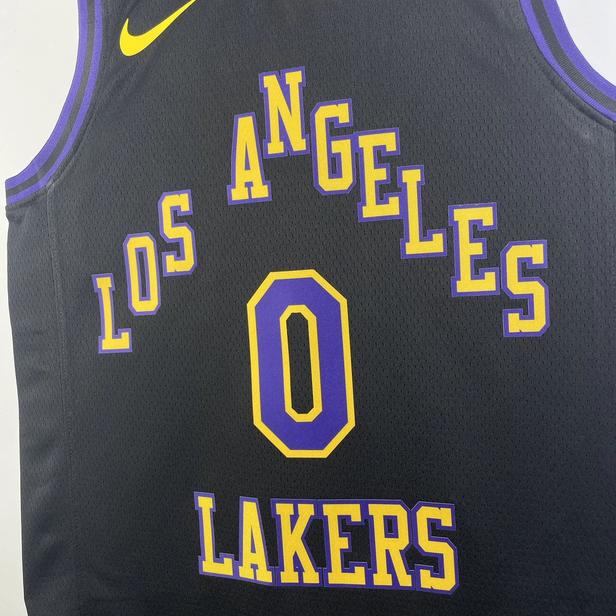 Los Angeles Lakers 2025-26 city edition basketball jersey close-up of collar and neckline stitching in team colors for basketball fans