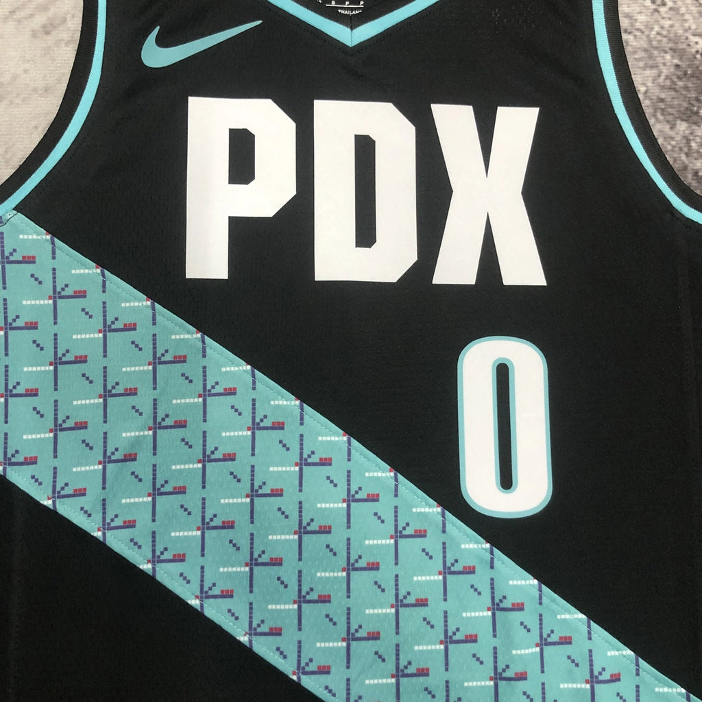 Portland Trail Blazers 2025-26 away basketball jersey close-up of collar and neckline stitching in black for basketball fans