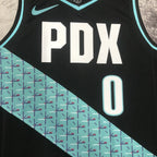 Portland Trail Blazers 2025-26 away basketball jersey close-up of collar and neckline stitching in black for basketball fans