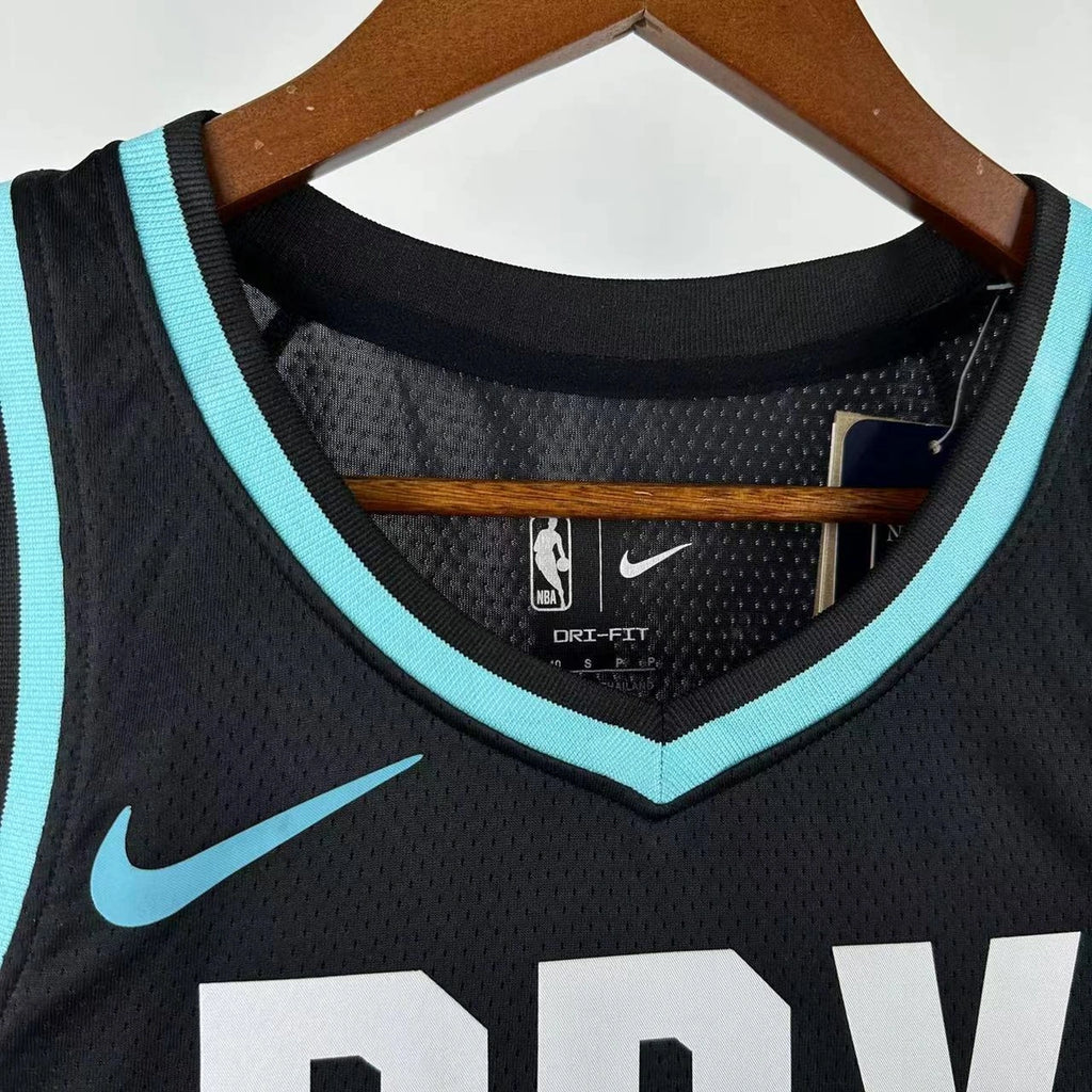 Portland Trail Blazers 2025-26 city edition basketball jersey close-up of jock tag and hem details in team colors for basketball fans