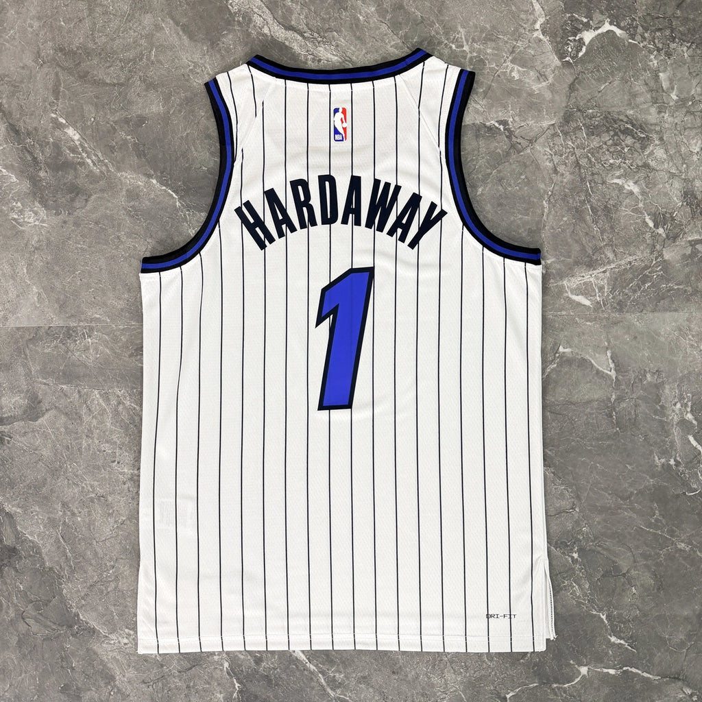 Orlando Magic 2025-26 away basketball jersey angled back view in blue for basketball fans