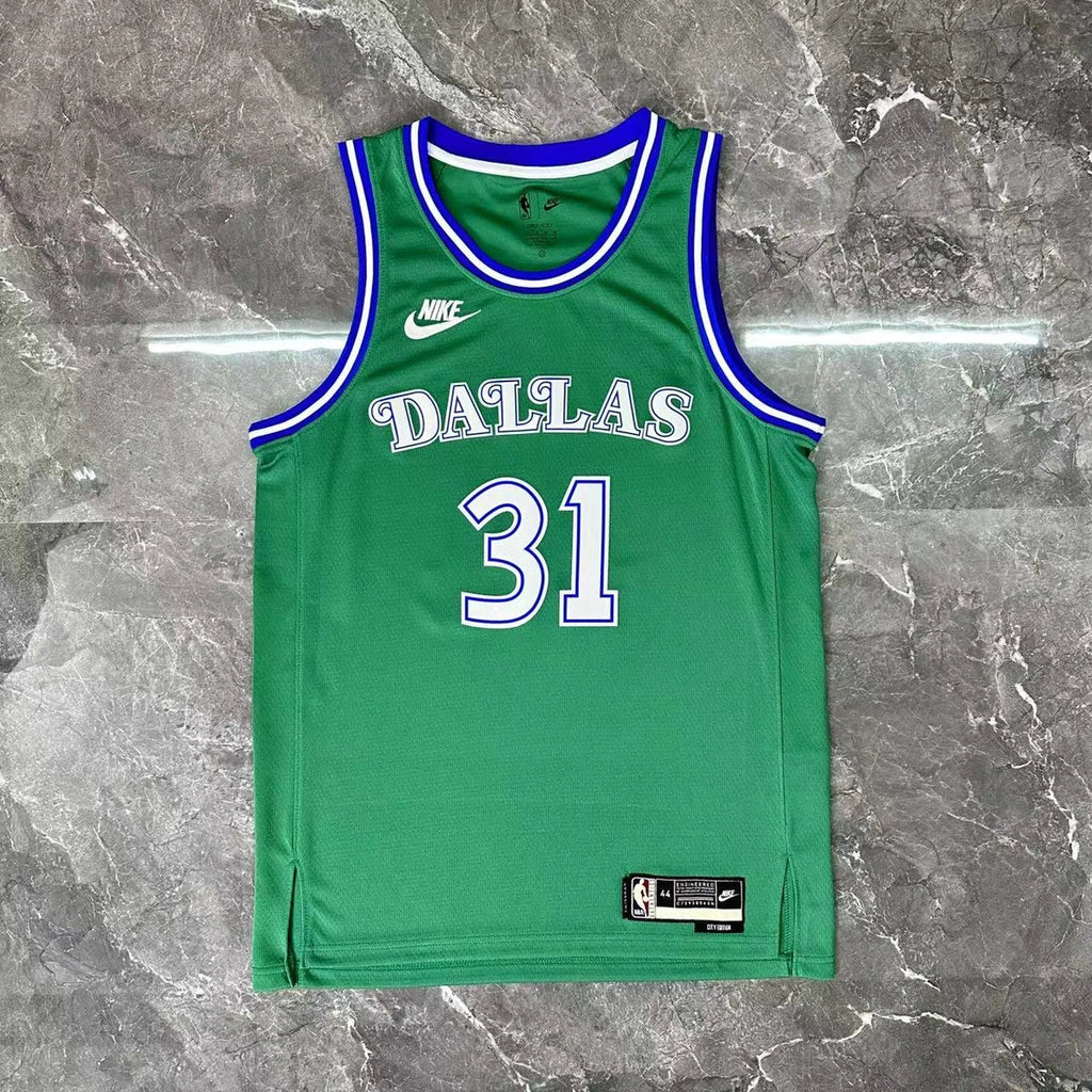 Dallas Mavericks 2025-26 throwback edition basketball jersey angled back view in green for basketball fans