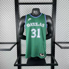Dallas Mavericks 2025-26 throwback edition basketball jersey side angle view in green for basketball fans