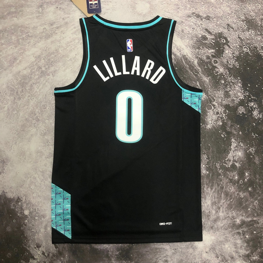 Portland Trail Blazers 2025-26 away basketball jersey close-up of team logo embroidery in black for basketball fans