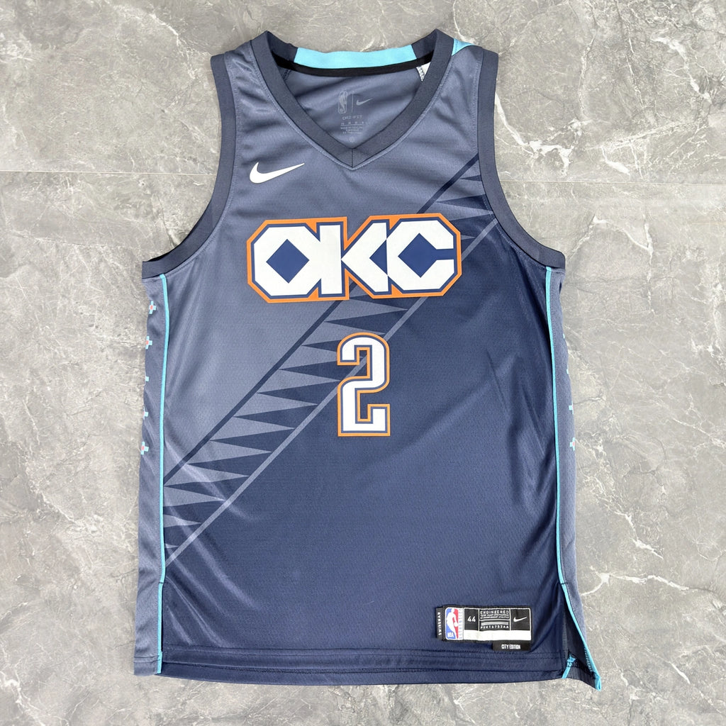 Oklahoma City Thunder 2025-26 city edition basketball jersey angled back view in team colors for basketball fans